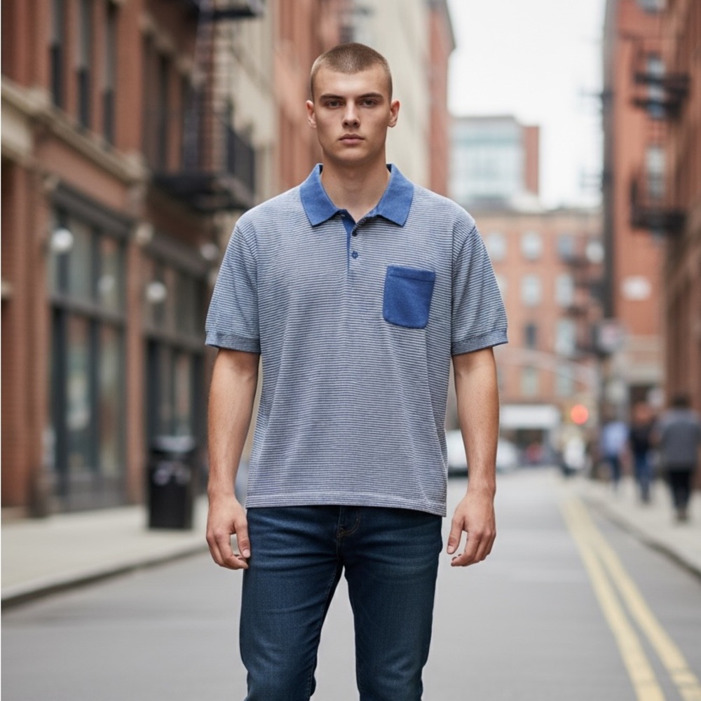 Merc London Pascal Striped Knit Polo Shirt Blue Medium